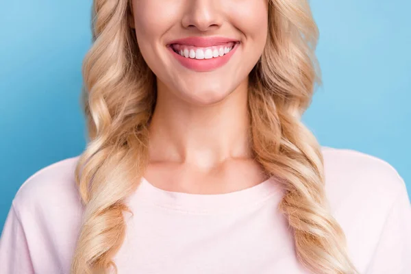 Cropped photo smiling woman with curly blonde hair got veneers isolated pastel blue color background.