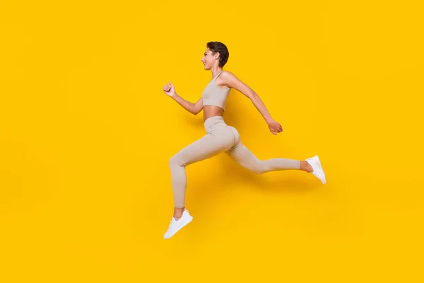 Profilfoto Der Sportlichen Läuferin Dame Jump Run Tragen Abgeschnittene Top — Stockfoto