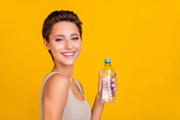 Photo Positive Relaxed Fresh Lady Hold Water Bottle Wear Grey — Stock Photo, Image