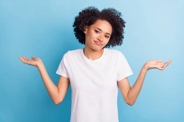 Portrait Attractive Indifferent Brunette Girl Shrugging Shoulders Isolated Bright Blue — Stockfoto