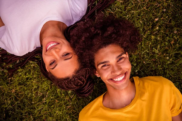 Top High Angle View Portrait Attractive Cheerful Couple Lying Fresh — Stockfoto