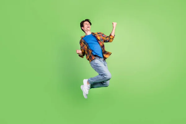 Full Body Profile Photo Hooray Brunet Young Guy Jump Wear — Stockfoto