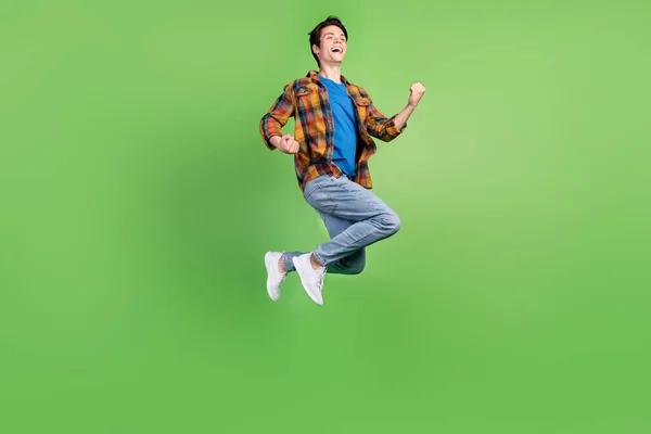 Full Length Profile Photo Impressed Brunet Young Guy Jump Wear — Stock Photo, Image