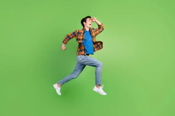Full Size Profile Photo Funny Brunet Millennial Guy Jump Wear — ストック写真