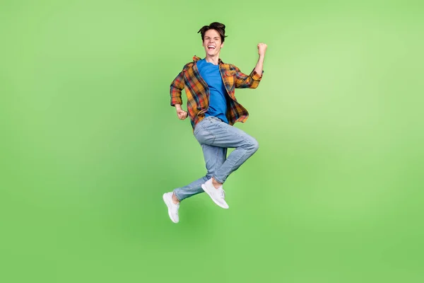 Full Size Profile Photo Funny Brunet Millennial Guy Jump Yell — Stock Photo, Image