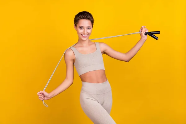 Photo Nice Lovely Active Lady Hold Skipping Rope Posing Wear — Stock Photo, Image