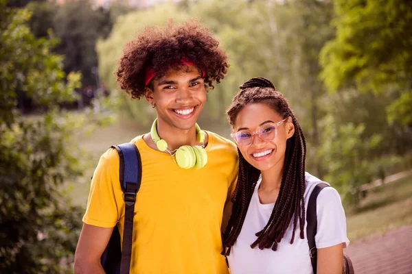 Portrait Attractive Positive Cheerful Couple Spending Weekend Free Spare Time — Stockfoto