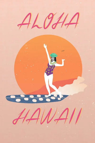 Collage Photo Happy Woman Surfing Hawaii Spend Vacation Holidays Tropical — ストック写真