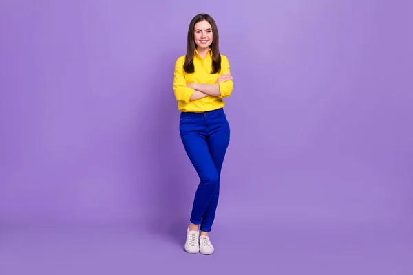 Full Length Body Size View Attractive Cheery Girl Folded Arms — Stock Photo, Image