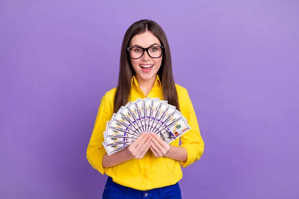 Portrait Attractive Trendy Cheerful Girl Holding Hands 100 Atm Cash — Stock Photo, Image