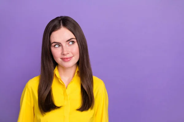 Portrait Attractive Cheerful Curious Girl Deciding Copy Space Isolated Bright — Stockfoto