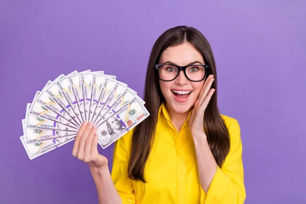 Portrait Attractive Trendy Amazed Cheerful Girl Holding 100 Atm Cash — Stock Photo, Image