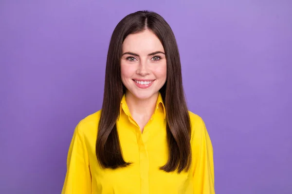 Portrait Attractive Cheerful Brunette Girl Wearing Bright Shirt Isolated Vivid — Stock Photo, Image