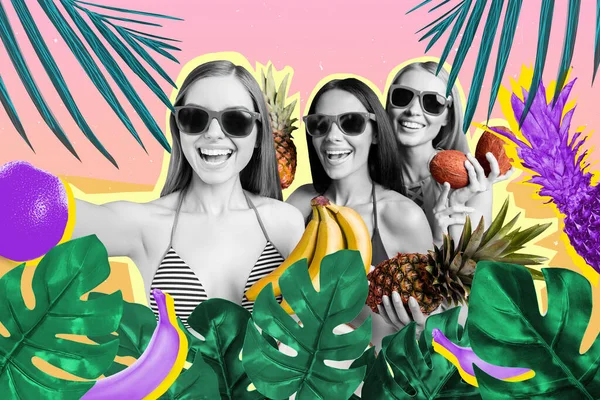 照片上 快乐的黑人白人女孩在热带岛屿Hawaii自拍自拍 照片背景为绿叶画 — 图库照片