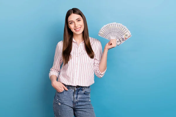 Portrait Attractive Cheerful Girl Holding Hands Fan Cash Isolated Bright — Stock Photo, Image