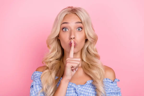 Photo of serious confident lady wear off shoulders top finger lips asking keep silence isolated pink color background.