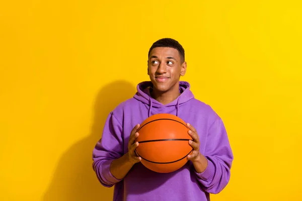 Portrait Attractive Professional Sportive Guy Playing Basketball Isolated Bright Yellow — 스톡 사진