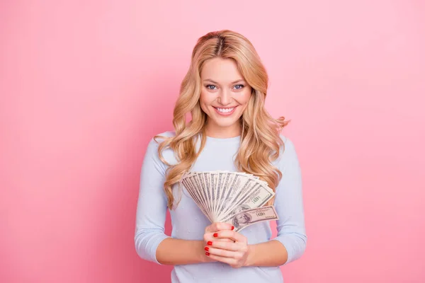 Photo Cute Positive Woman Wear Blue Pullover Smiling Holding Money — Stockfoto