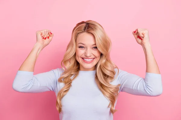 Portrait Delighted Satisfied Person Raise Fists Toothy Smile Look Camera — Stock Photo, Image
