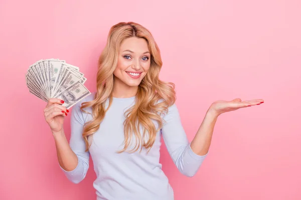 Photo Successful Cheerful Girl Hold Dollars Hands Show Empty Space — Stockfoto