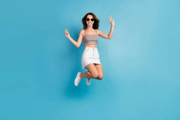 Full Body Photo Attractive Young Woman Jump Make Fingers Signs — Stock Fotó