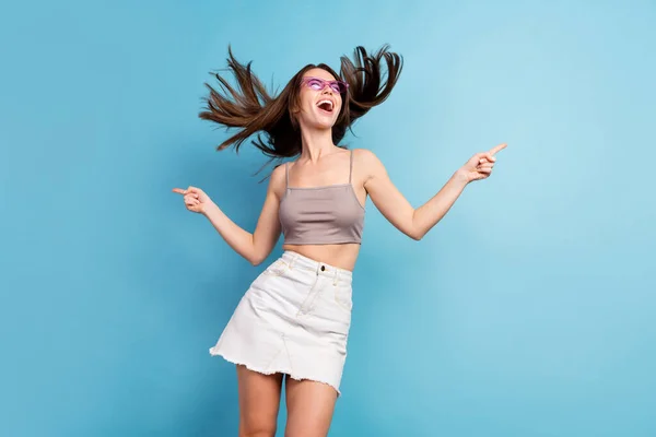 Photo Portrait Pretty Woman Laughing Dancing Party Stylish Outfit Isolated — Stockfoto