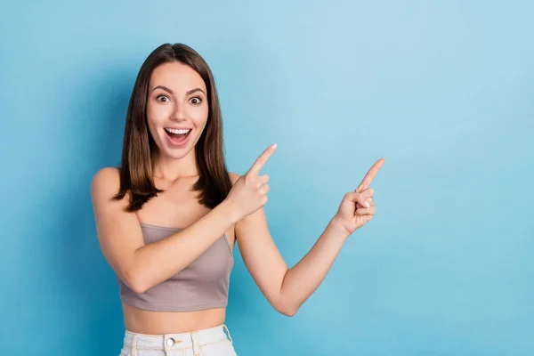 Photo Young Excited Girl Happy Positive Smile Point Fingers Empty — Stockfoto