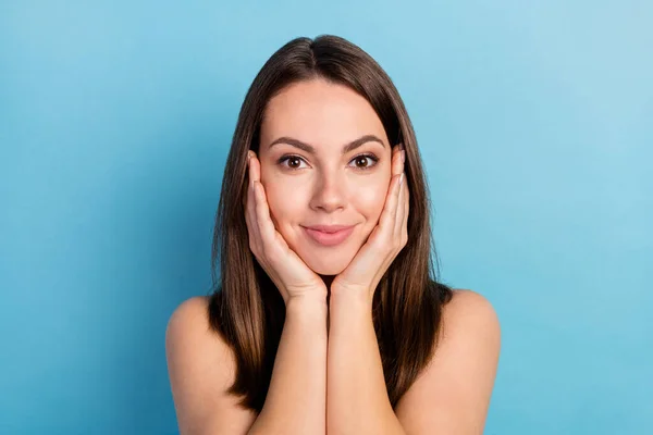 Photo Young Attractive Girl Happy Positive Smile Hands Touch Cheeks — Fotografia de Stock