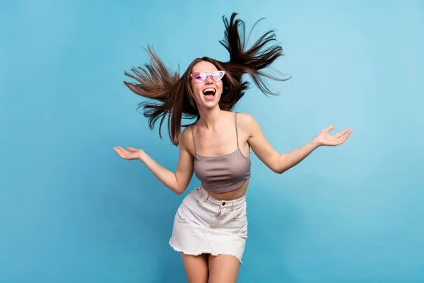 Portrait Attractive Cheerful Girl Having Fun Good Nood Hair Flying — Zdjęcie stockowe
