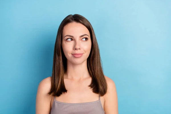 Photo Portrait Pretty Woman Smiling Looking Blank Space Isolated Pastel — Foto Stock