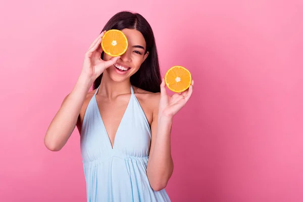 Photo Positive Lovely Sweet Lady Hold Two Mandarin Slice Hide —  Fotos de Stock