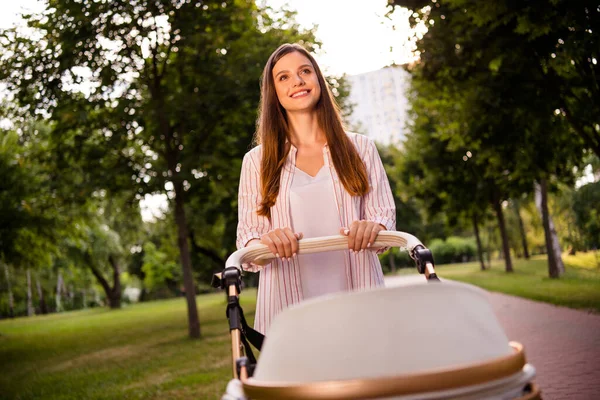 Photo Peaceful Satisfied Lady Have Good Mood Walking Baby Stroller — Stock Photo, Image