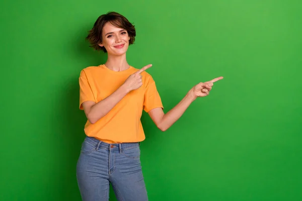 Photo Pretty Sweet Young Lady Wear Orange Outfit Smiling Pointing — Stock Photo, Image