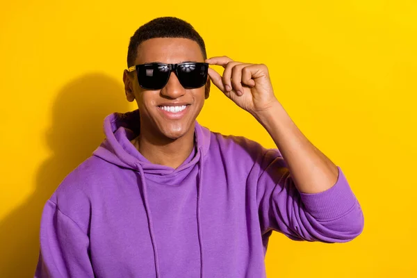 Portrait Attractive Cheerful Guy Touching Specs Posing Isolated Bright Yellow — 스톡 사진