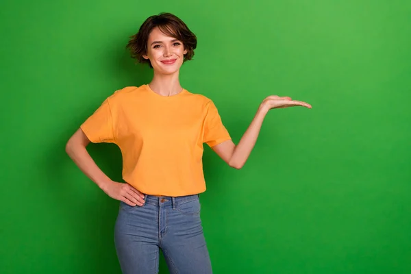 Photo Sweet Funny Young Lady Wear Orange Outfit Smiling Holding — Stockfoto
