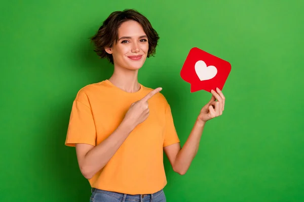 Photo Charming Pretty Young Lady Wear Orange Outfit Pointing Heart — Stockfoto