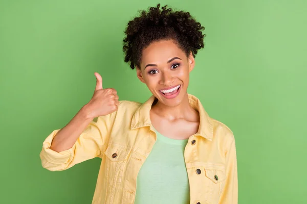 Photo Hooray Millennial Brunette Lady Thumb Wear Yellow Shirt Isolated —  Fotos de Stock