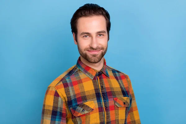 Photo Sweet Shiny Young Guy Dressed Checkered Shirt Smiling Isolated — Stockfoto