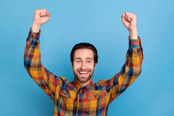 Photo Positive Lucky Young Man Wear Plaid Shirt Smiling Rising — Stockfoto