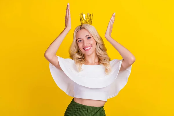 Portrait Gorgeous Cheerful Wavy Haired Girl Wearing Diadem Posing Isolated — Stock Photo, Image