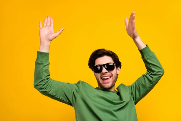 Photo Young Cheerful Happy Positive Cool Man Wear Sunglass Dance — Stockfoto