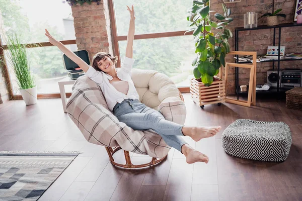 Full Length Body Size Photo Woman Sitting Careless Armchair Smiling — Foto de Stock