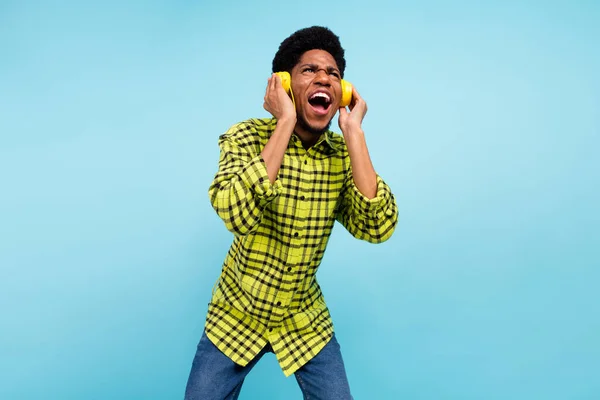 Photo Crazy Funny Cool Man Wear Headset Listen Music Singer — Foto Stock