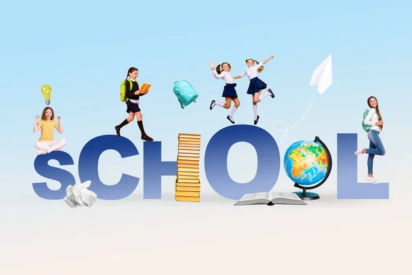 Composite Collage Image Group Small Kids Stand Big School Text — Stock Fotó