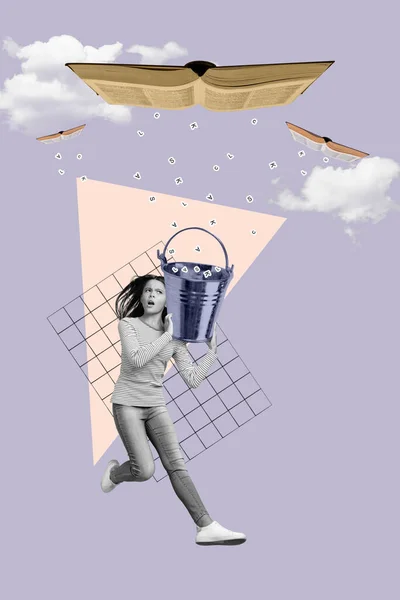 Creative Collage Trouble School Child Catch Falling Rain Drops Damage — Stockfoto