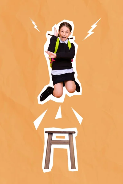 コラージュ3D画像のピンナップポップレトロスケッチの幸せな女の子ジャンプ椅子上昇腕隔離された絵画背景 — ストック写真