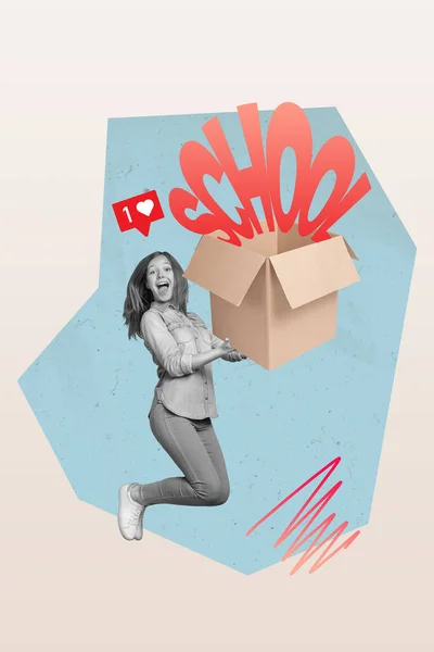 Vertikální Koláž Obrázek Vzrušený Šílený Dívka Skok Ruce Držet Karton — Stock fotografie