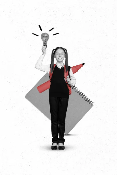 Surreal Collage White Black Filter Schoolchild Hold Light Bulb Advertise — Stockfoto