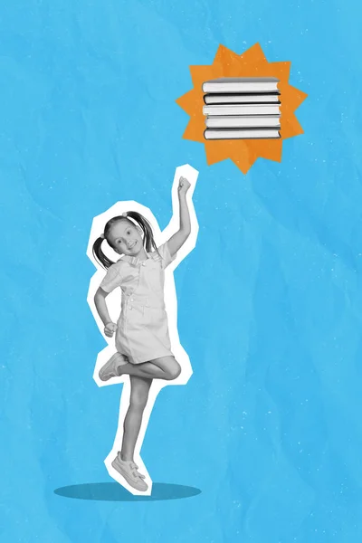 Creative Poster Collage Schoolchild Intelligent Fist Air Fly Textbook Stack — Zdjęcie stockowe