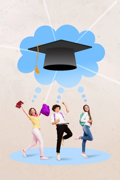 Vertical Collage Image Three Funny Excited Small People Think Graduation —  Fotos de Stock